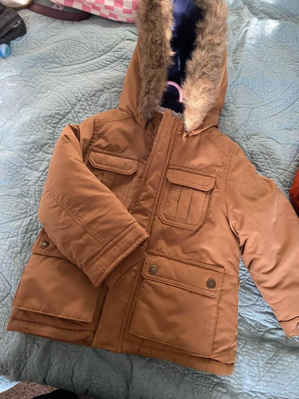 Carter's Brown Hooded Puffer Jacket with Faux Fur Trim